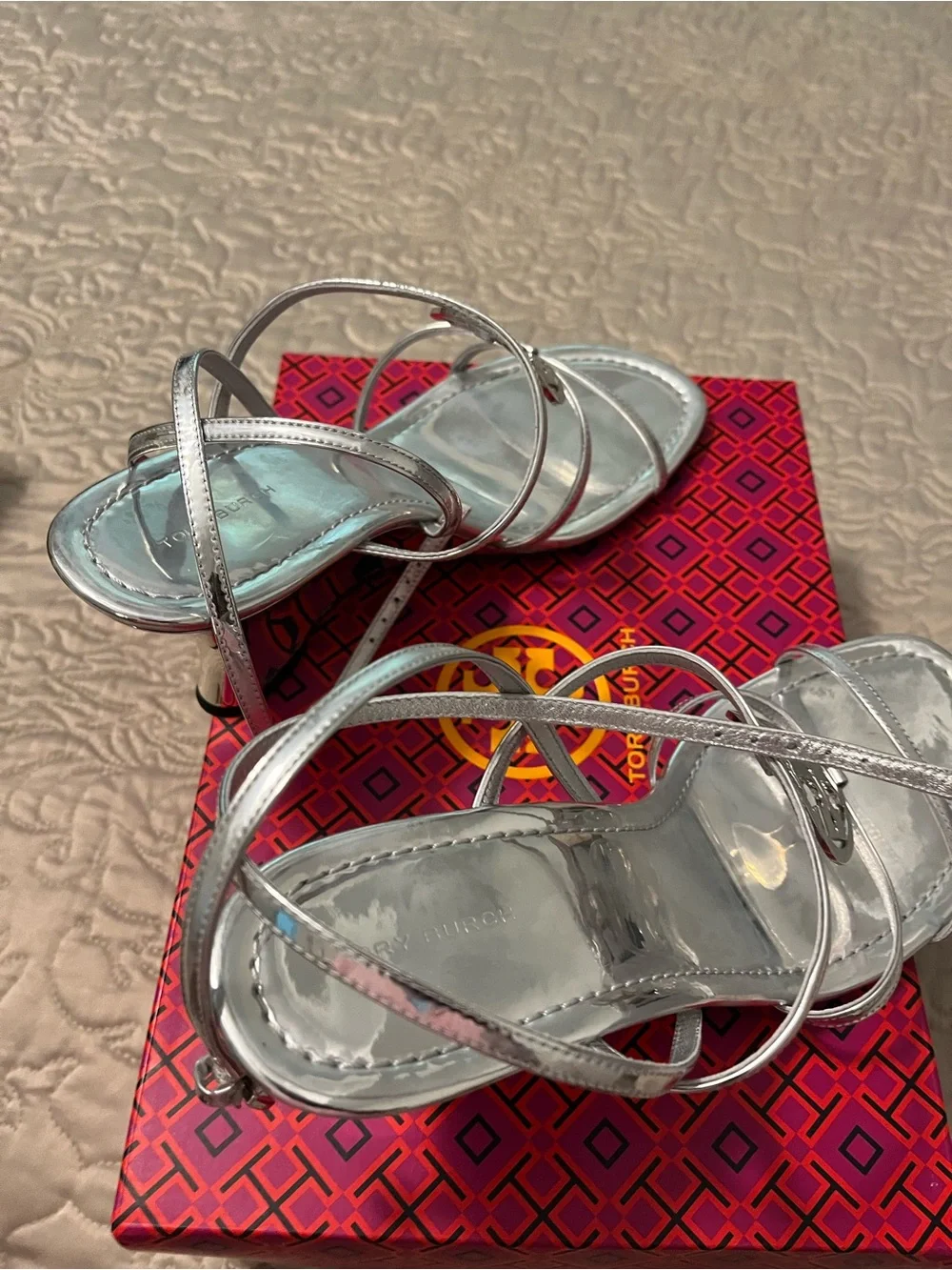 Tory Burch Metallic Silver Logo Strappy Sandals